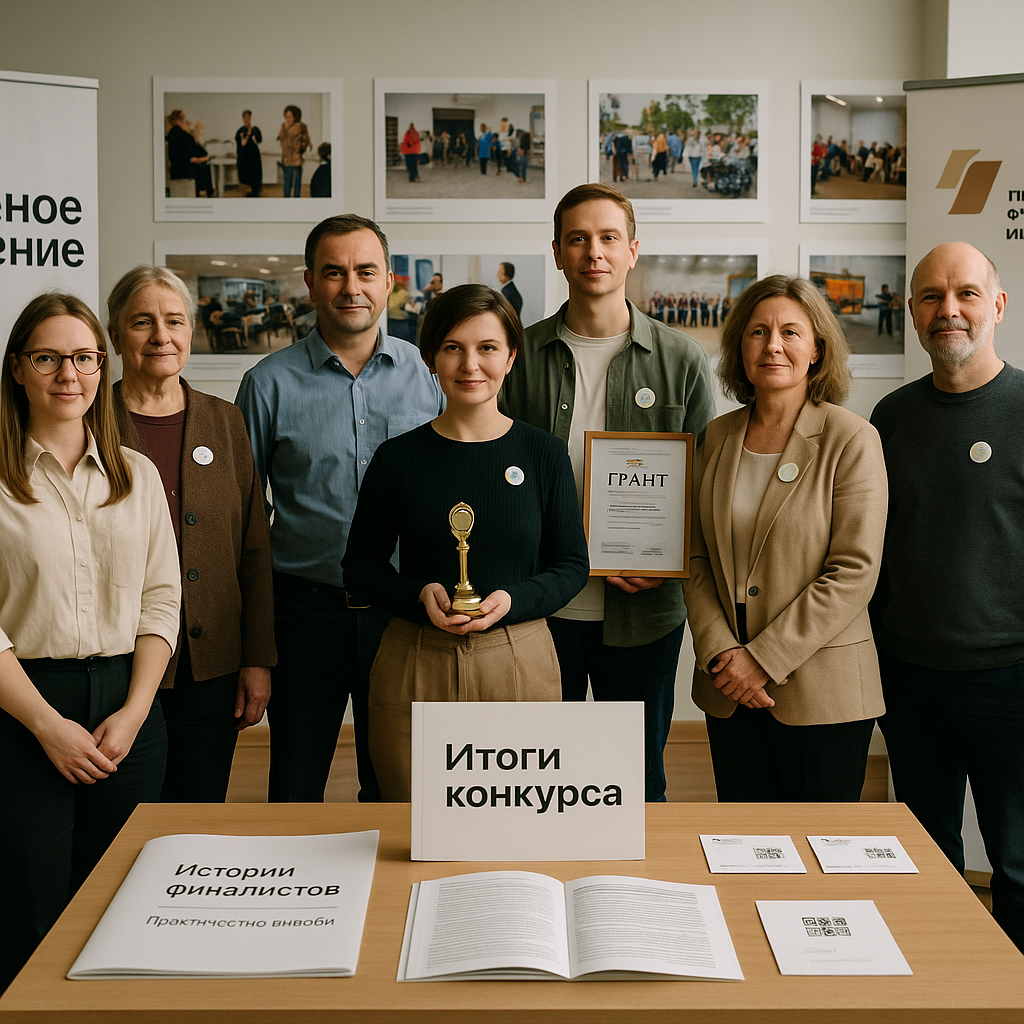 Group photo of finalists before a wall of their project photos, with Cyrillic banners